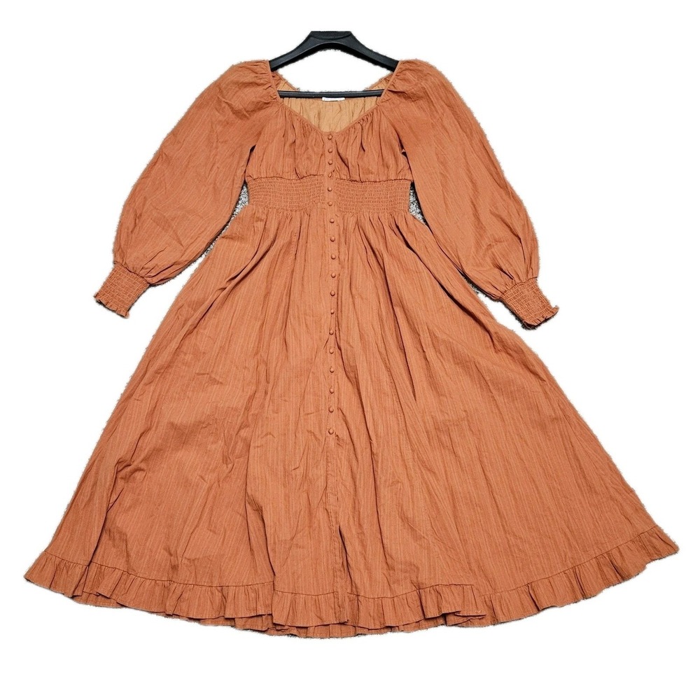 In Loom Midi Dress Womens Med Rust Boho Smocked Button Front Prairie Cottagecore